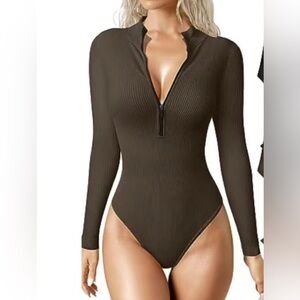 Sexy Ribbed Piece Zip Front Long Sleeve Snatched Bodysuit Size L BRAND NEW
